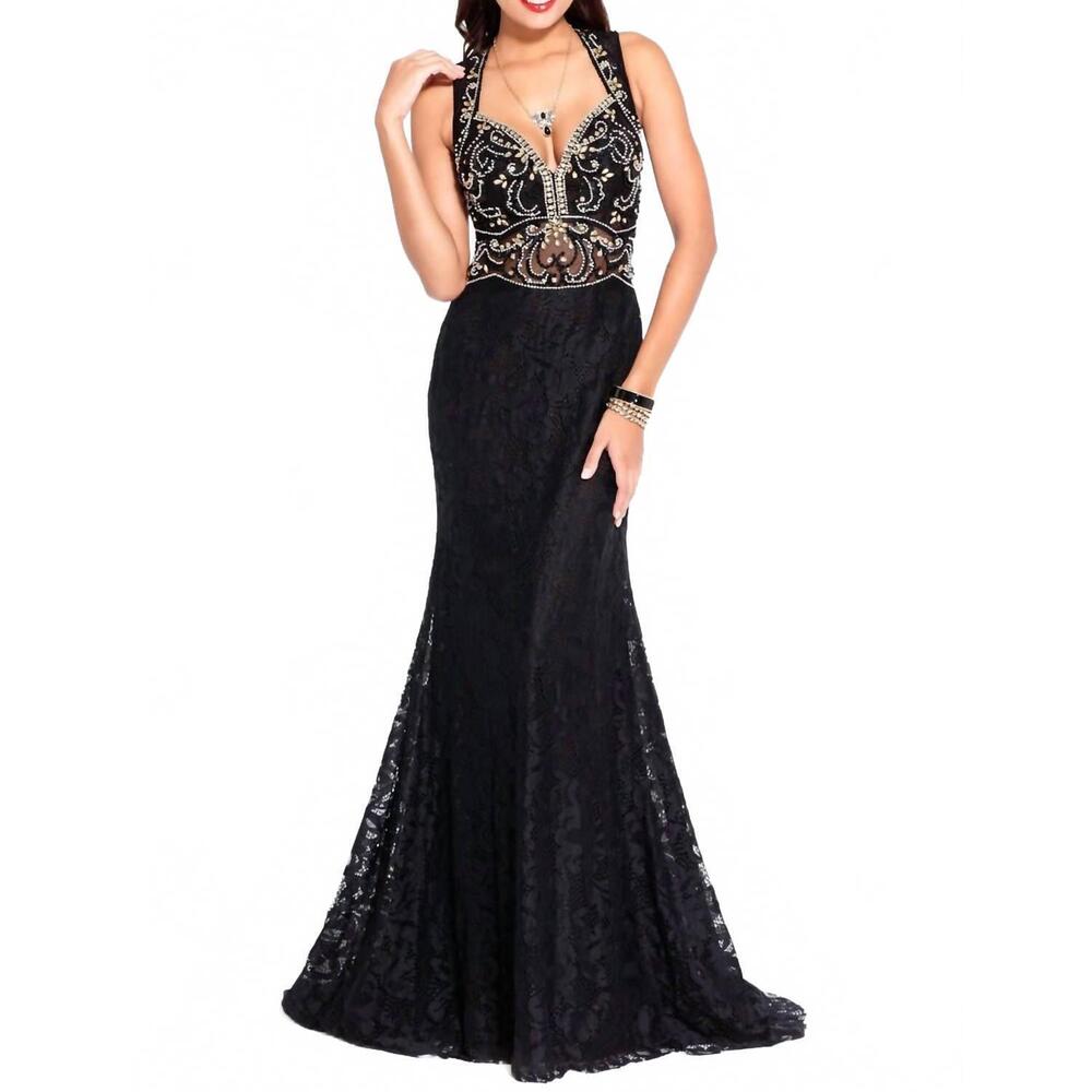 NEW SHAIL K hand beaded floor length evening gown in black